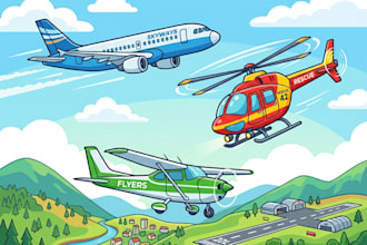 draw aircraft, airplane, helicopter into a vector cartoon art