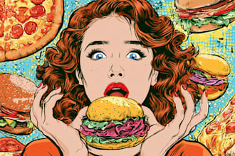 design creative pop art food illustrations for restaurants