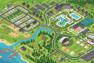 design 3d isometric campground, resort, tourist and event map