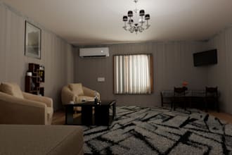 design a modern cozy living room and photorealistic 3d render