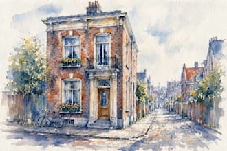 paint a watercolor house portrait or city space illustration