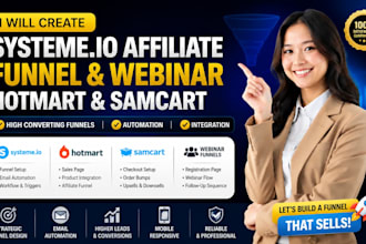 create systemeio affiliate email webinar funnel, hotmart sales page and samcart