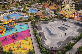 render 3d amusement park, kids play park, 3d playground, funfair and resort