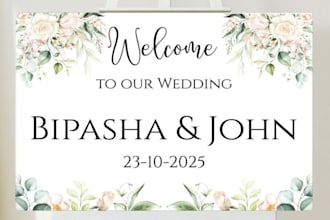 design premium wedding welcome signs, stationery, seating charts, banners, menus