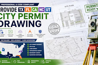 provide tx fl ca nc ut city permit drawing, site plan land topographic survey