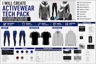 create activewear tech pack for leggings, gym wear and sportswear for production
