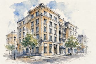 sketch architecture building with watercolor rendering