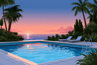 draw render swimming pool, backyard, villa landscape