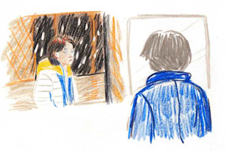 sketch, outline and color cartoon illustrations