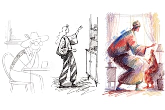 sketch, outline and color cartoon illustrations