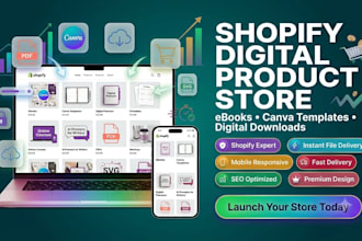 build shopify digital product store for digital downloads, ebooks canva template