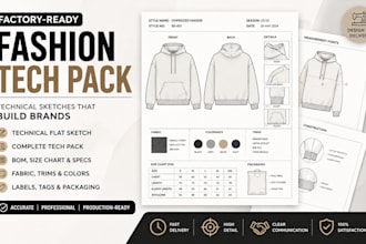design fashion apparel, clothing tech pack, technical sketch and garment design