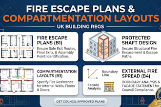 draw fire escape plans and compartmentation layouts for UK building regulations
