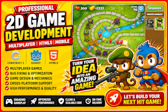 develop multiplayer construct 3 HTML5 mobile 2d video game, fix bugs, godot game