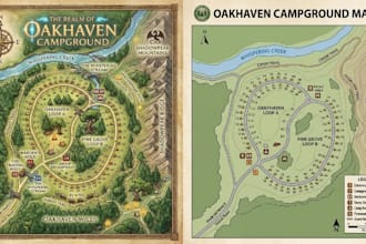 fantasy style and realistic campground maps for parks and wilderness locations