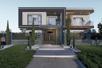 upgrade modern villa facade, 3d house exterior, porch render, tropical landscape