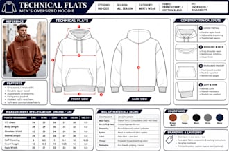 create tech packs and technical flats sketch for fashion clothing manufacturing