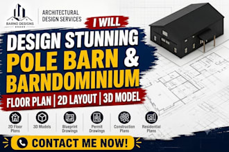 design stunning pole barn and barndominium floor plan 2d layout and 3d model