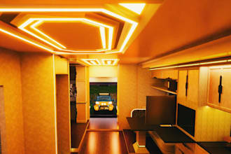 render 3d motorhome rv camper van interior, luxury mobile home visualization