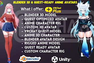 create blender 3d model, quest optimized avatar and anime character rig