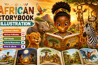 illustrate african american children storybook, african folktales, character