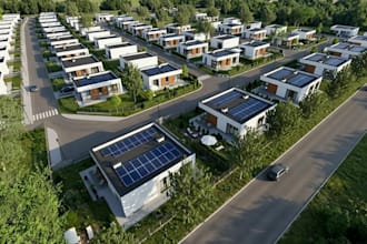 develop residential housing 3d model from site map, aerial view township render