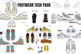 do shoe tech pack design sneakers heels loafers boots footwear technical drawing