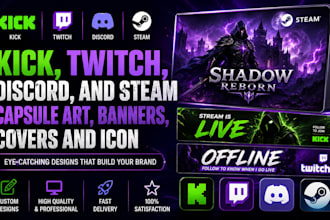 design kick, twitch, discord, and steam capsule art, banners, covers and icon