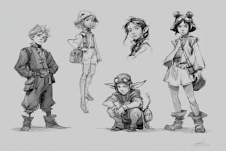sketch, outline and color cartoon illustrations