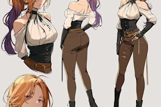 design an anime character reference sheet with multiple