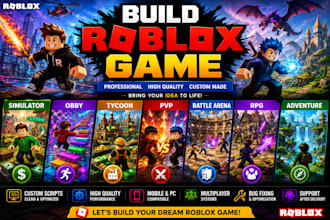 build roblox game, simulator, obby, tycoon, pvp, battel arena, rpg, adventure