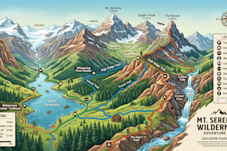 create illustrated hiking map, trail map, national park map, nature reserve map