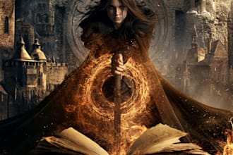 create fantasy novel cover with cinematic illustration