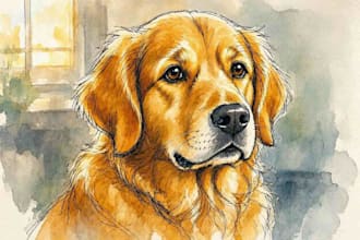paint a watercolor pet portrait with ink sketch