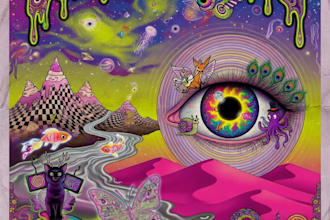 create a cartoon psychedelic and surreal illustration