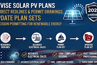 review solar pv plans, correct redlines and update permit drawings for permit