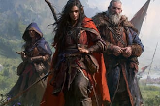 draw your dnd party in a cinematic fantasy scene