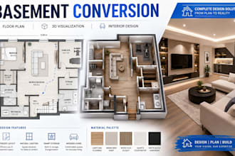 design basement conversion to living space with floor plan and 3d visualization
