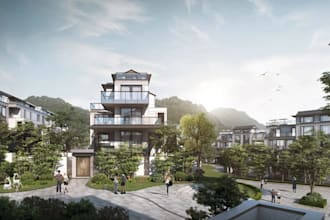 render 3d mountain resort,vacation villa,urban landscape,summer house,cabin home