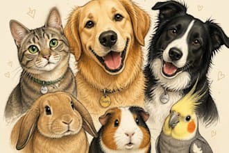 draw custom cartoon pet portraits of dogs cats or any pets