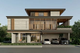 3ds max detached exterior renders,floor plan, tropical villa facade, parking lot