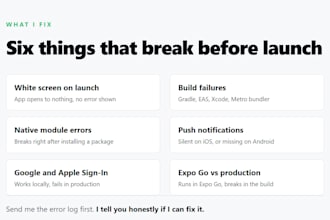 fix your react native or expo app bug, crash or build error