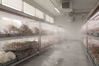 design a 3d mushroom farm, growing room facility, fungi cultivation center