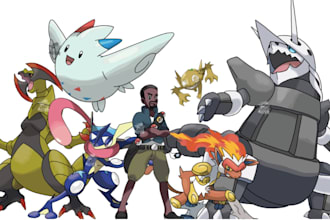 draw custom pokemon trainer battle in anime style, fakemon and fusion