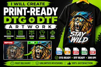 create print ready dtg dtf artwork, png and t shirt designs