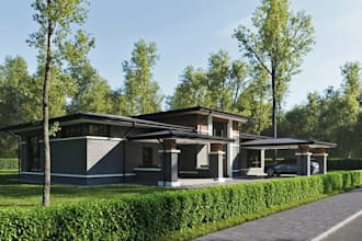 design ranch house exterior, barndominium,farm cottage, mid century villa render