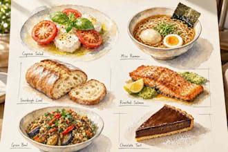 create watercolor food illustrations for cookbooks and menus