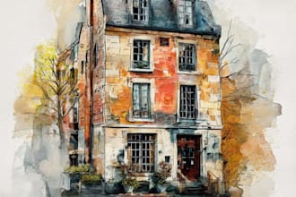 create a custom pen and watercolor house or building