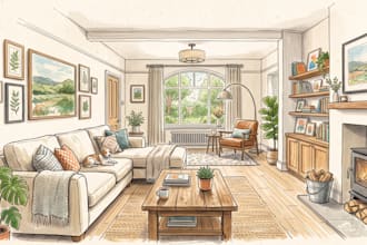 draw living room interior sketch, illustration