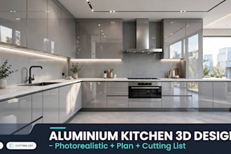 design modern aluminium kitchen with 3d rendering and cutting list